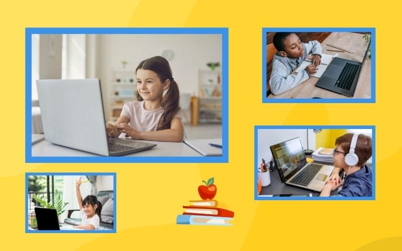 Collage of students working with their laptops at home